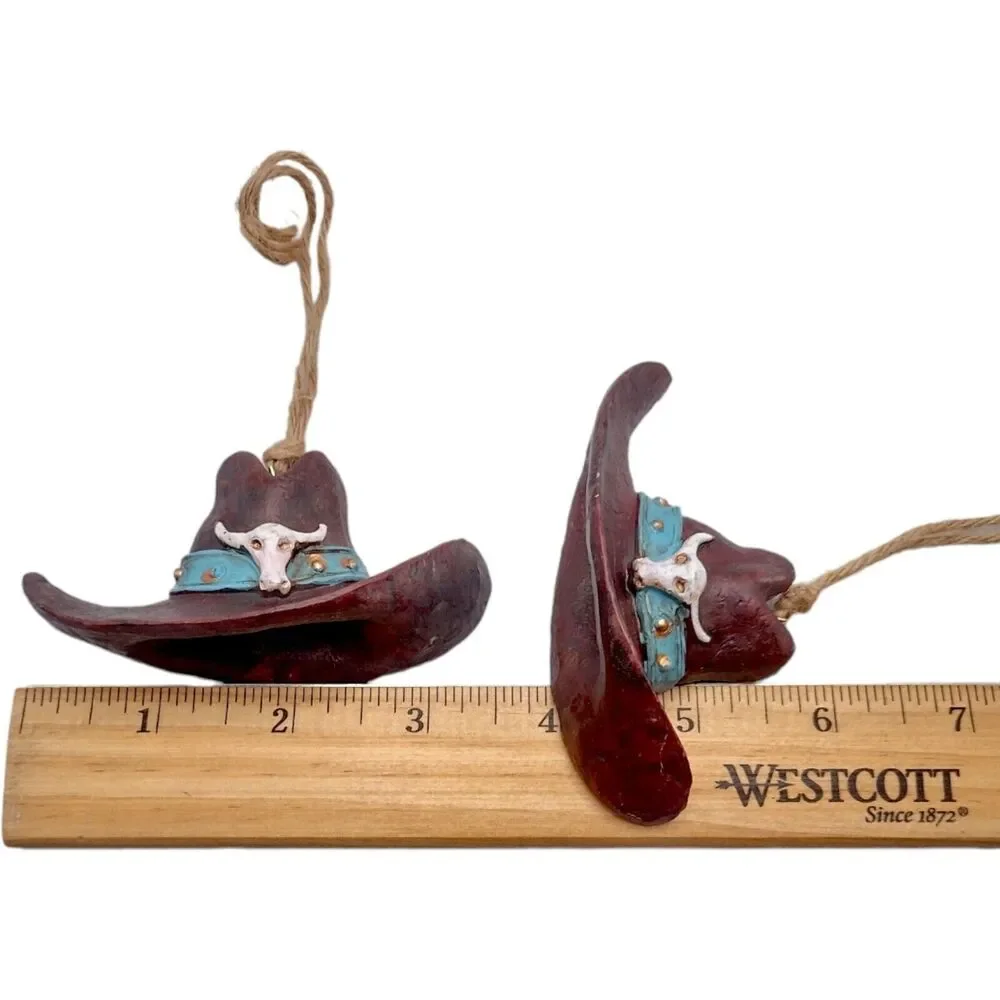 Vintage Pair of Cowboy Hat Christmas Ornaments Longhorn Skulls Hillbilly 3" - Picture 7 of 8
